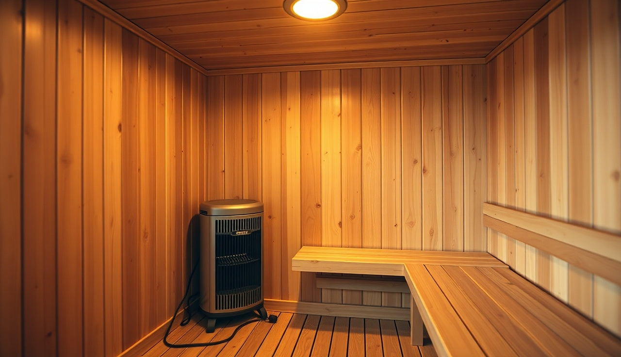 Cedar sauna interior with electric heater in corner and wood benches on two walls