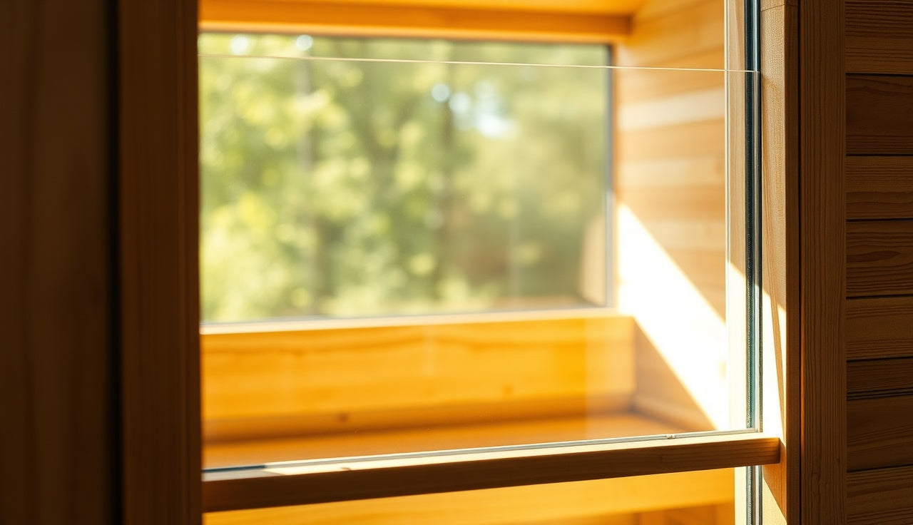 Tempered glass sauna window in a cedar frame with warm interior light