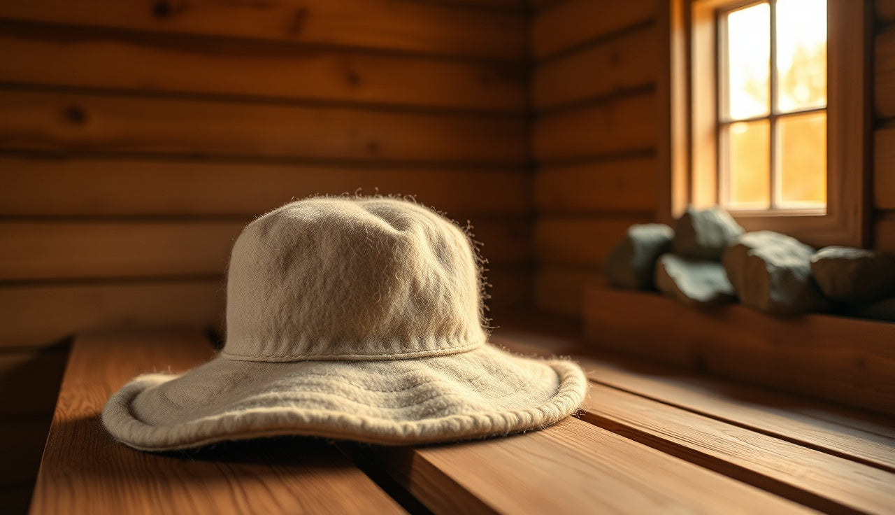 Wool felt sauna hat on a wooden bench inside a wood-fired Finnish sauna