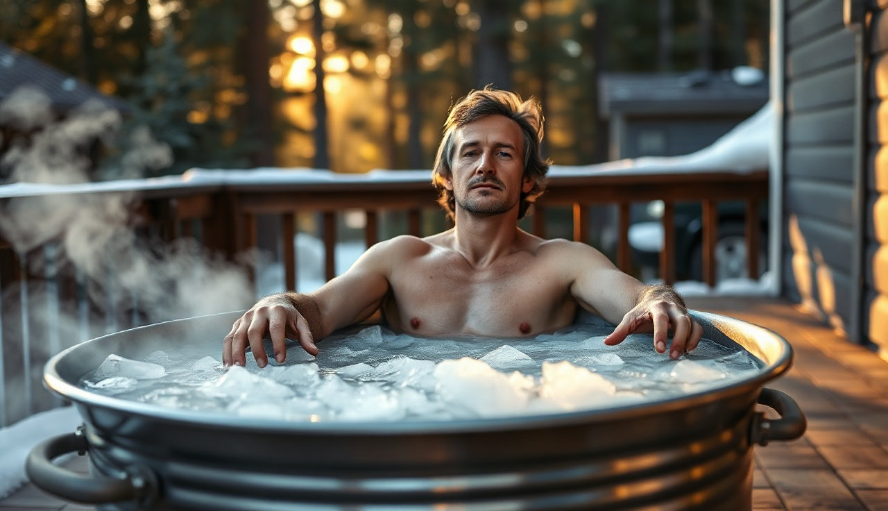 Person sitting in outdoor ice bath tub on wooden deck in morning light