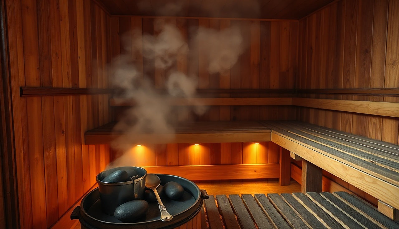 Cedar interior of a Finnish sauna with stones on the heater and wooden benches