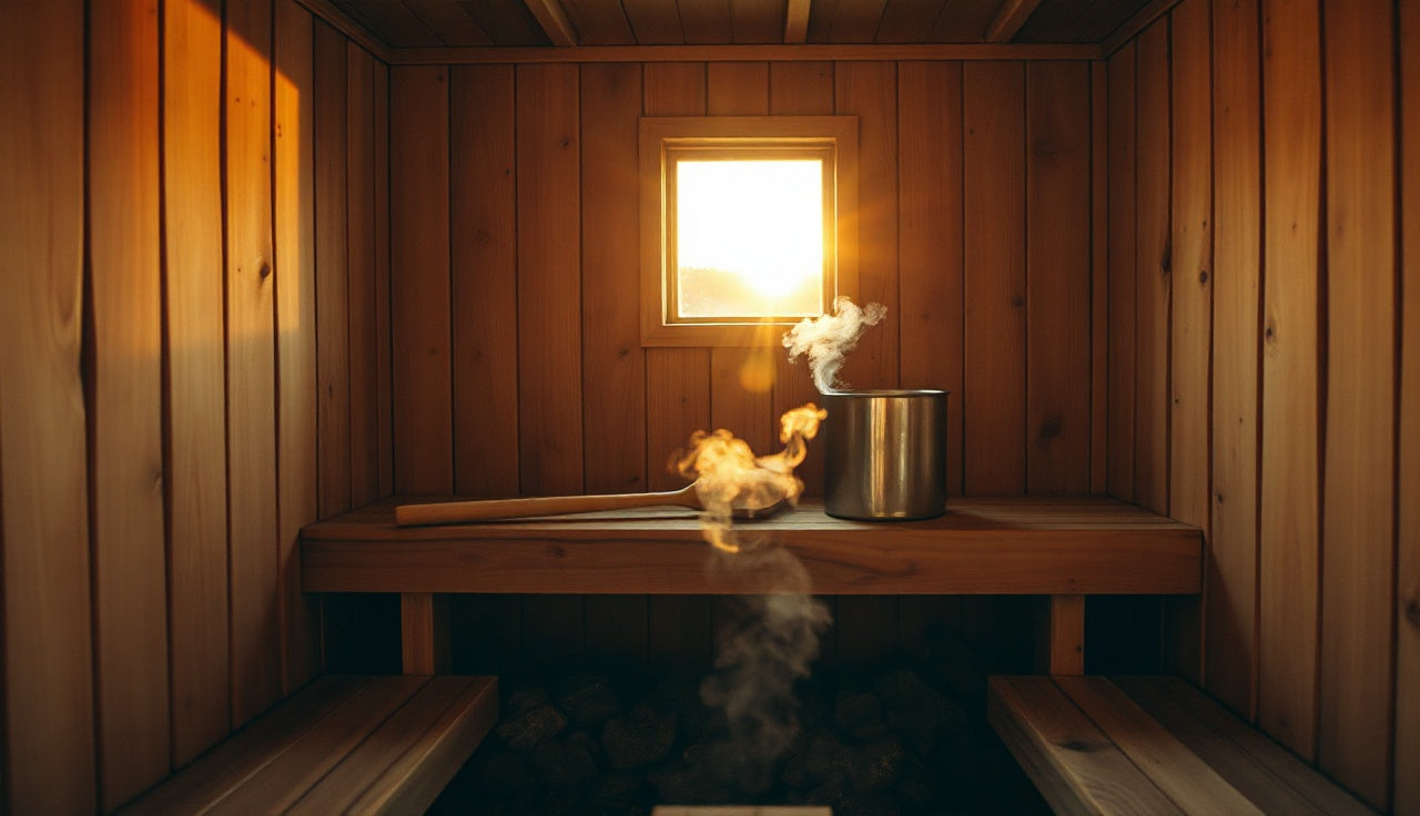 Cedar home dry sauna interior with wooden benches, sauna rocks, and ladle
