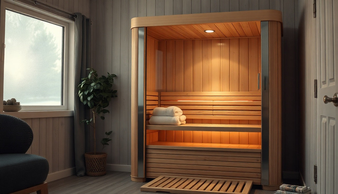Indoor infrared sauna cabin with warm wood panels and morning light