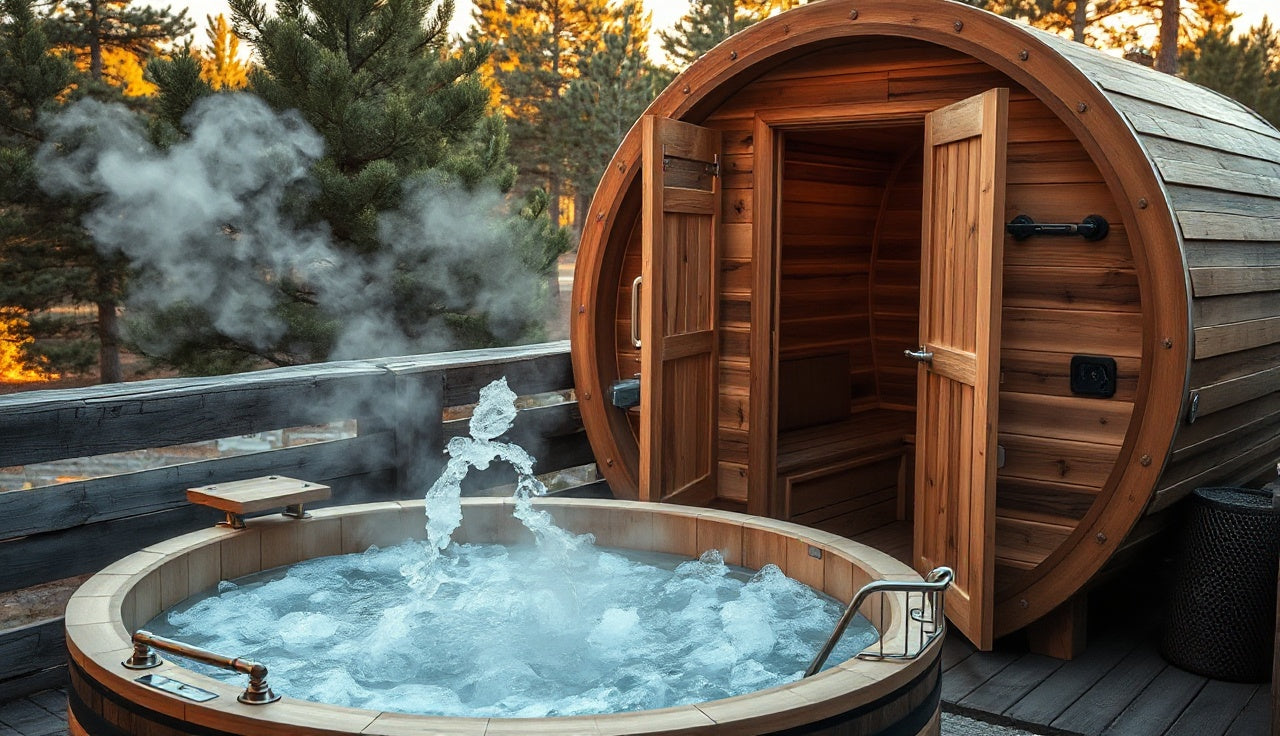 Outdoor barrel sauna next to a cold plunge tub for contrast therapy