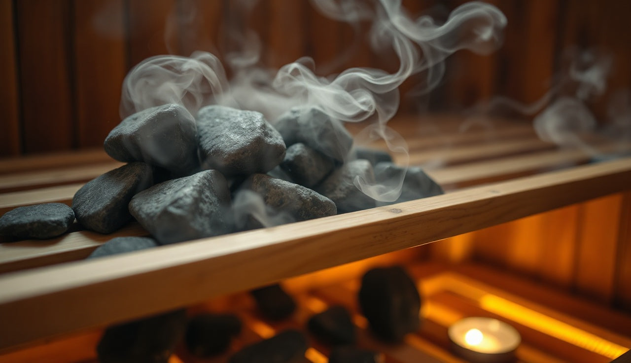 Dark olivine sauna rocks stacked in a wooden heater basket with rising steam