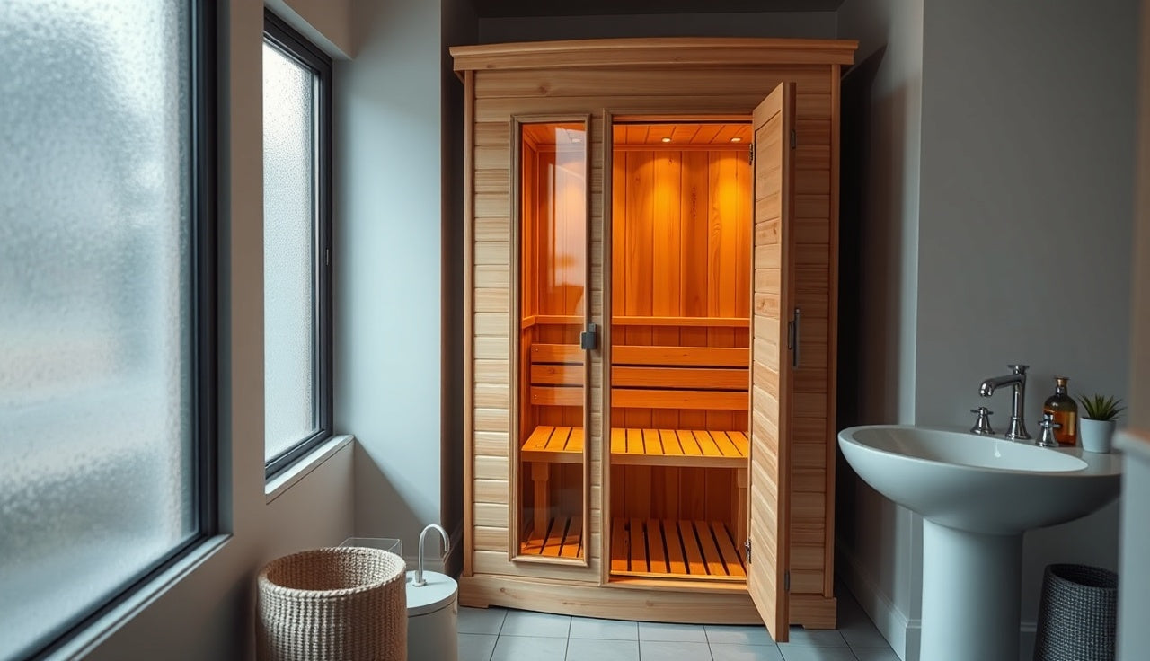 Compact one-person cedar mini sauna in a home bathroom corner with warm interior light