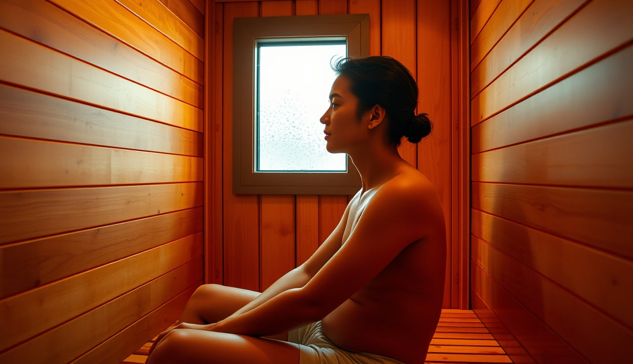 Person sitting inside a warm infrared sauna cabin with glowing heating panels