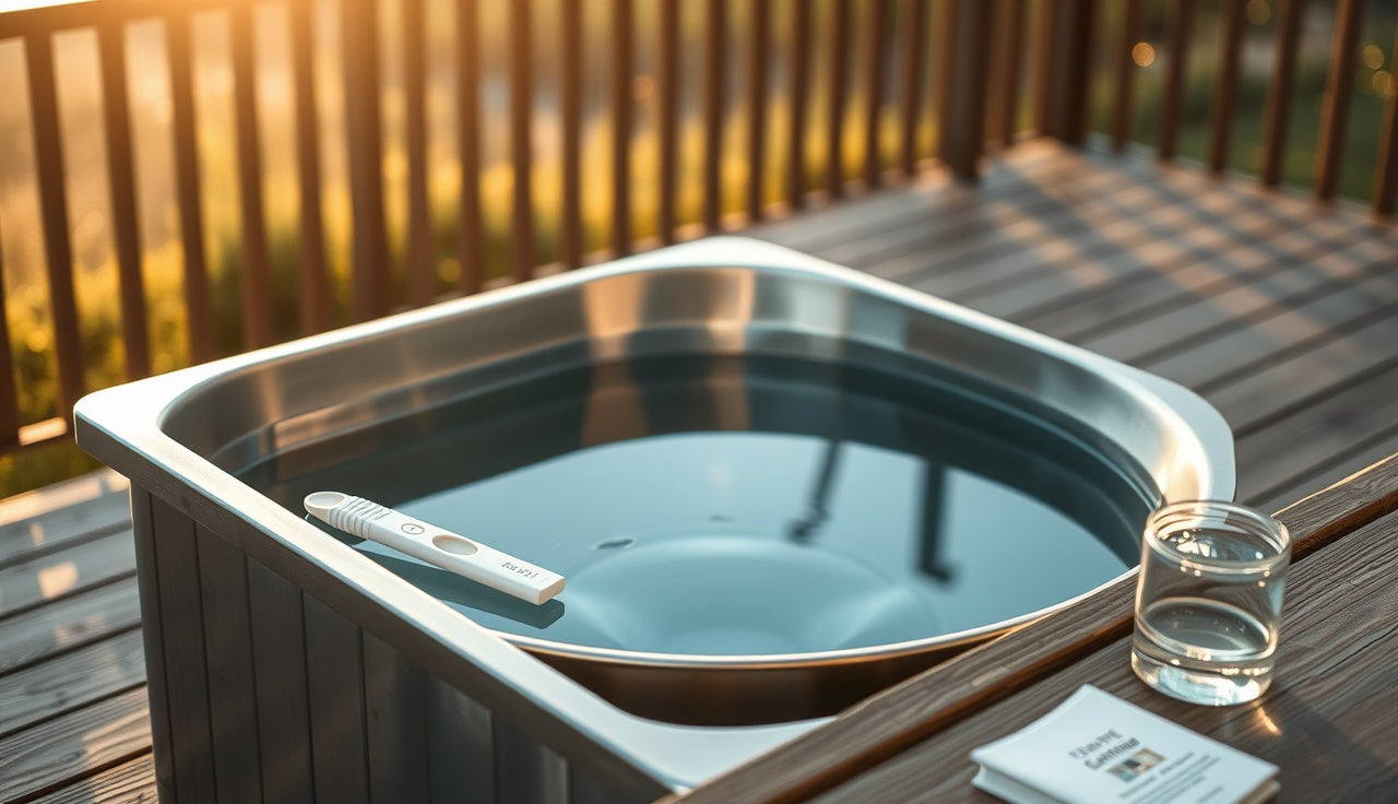 Cold plunge tub on a wooden deck with water testing kit nearby