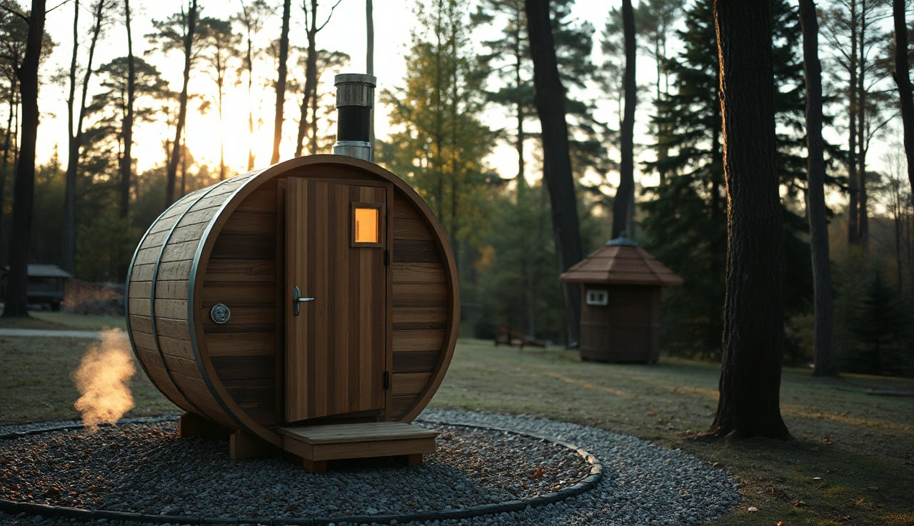 Cedar barrel outdoor sauna on gravel pad in forested backyard at dusk