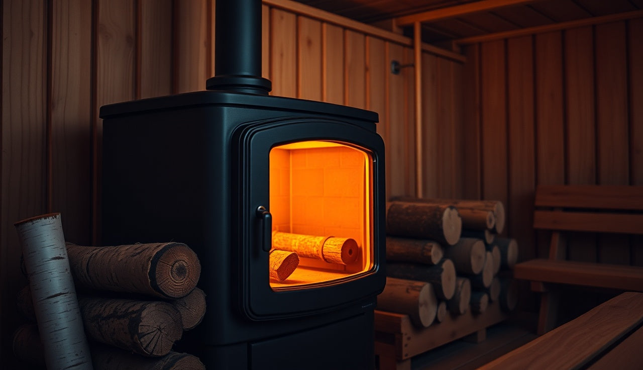 Wood-burning sauna stove with glowing fire inside a cedar-paneled sauna room