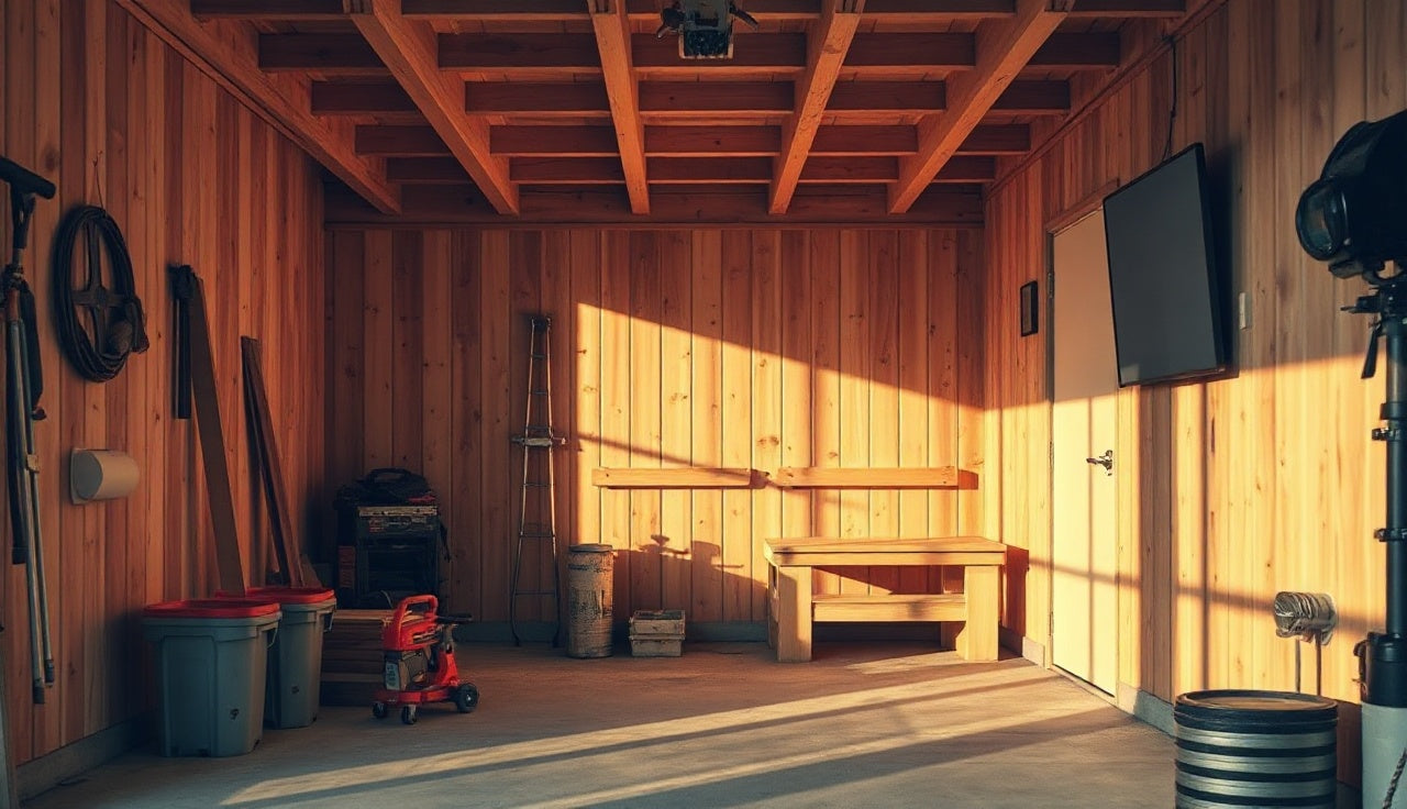 Half-built cedar infrared sauna interior with mounted panel and tools on garage floor