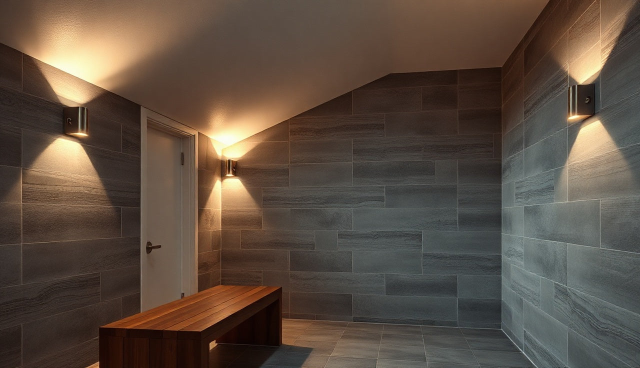 Sloped tile ceiling inside a residential steam room with a wooden bench