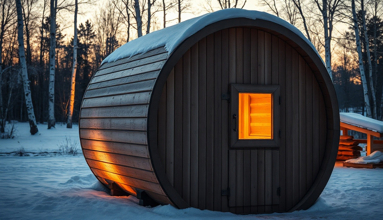 Barrel sauna with glowing interior light sitting in a snow-covered backyard at dusk