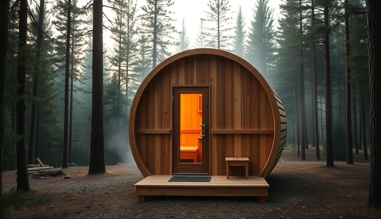 Outdoor cedar barrel sauna on a wooden deck surrounded by pine trees