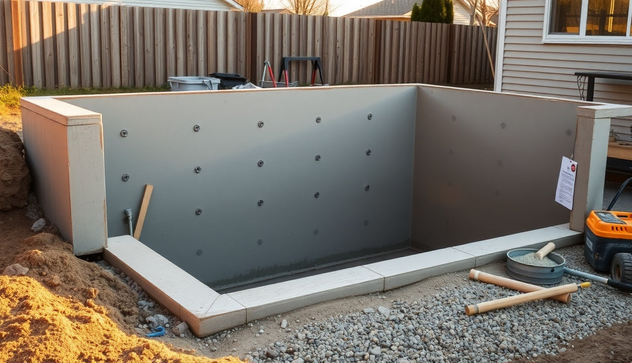 DIY concrete cold plunge tub under construction with rebar and formwork outdoors