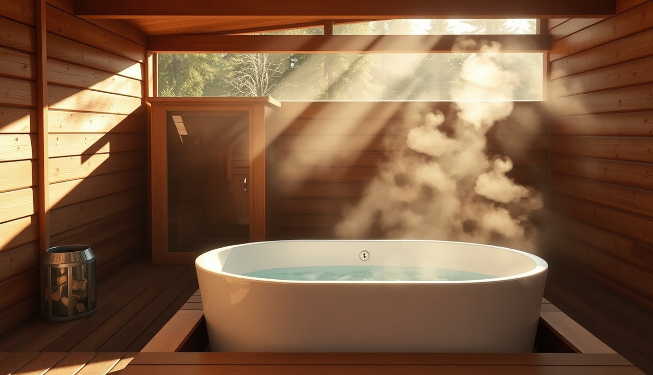 Cold plunge tub on a wooden deck beside a sauna in afternoon light
