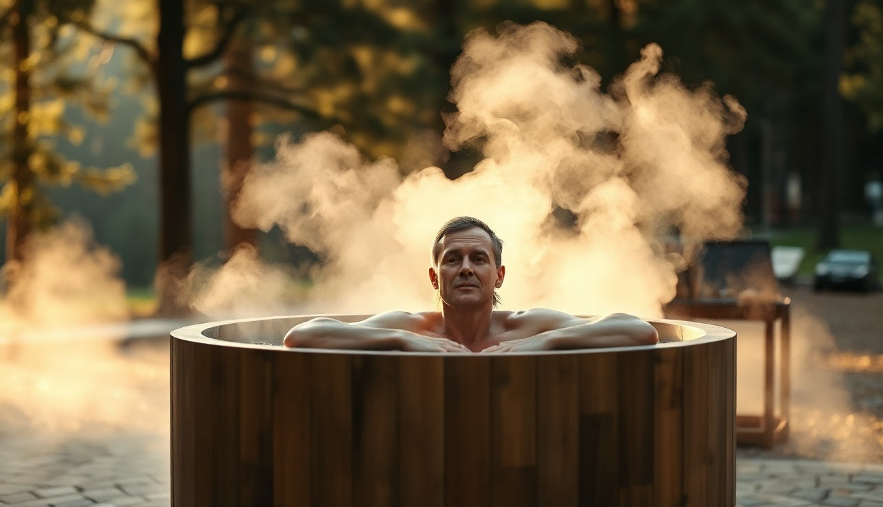 Person sitting calmly in a cold plunge tub outdoors on a misty morning