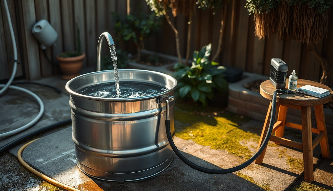 Cold plunge tub being drained and refilled in a backyard setting