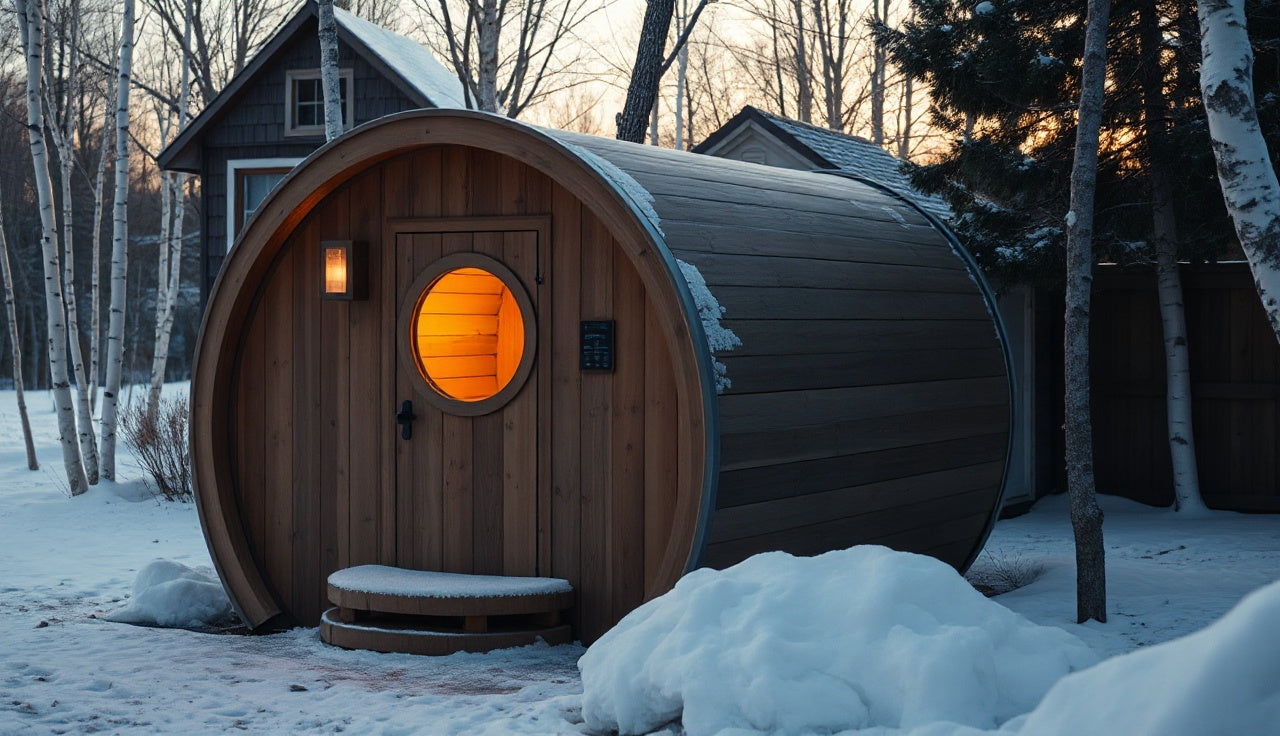 Cedar barrel sauna with glowing interior light in a snowy backyard at dusk