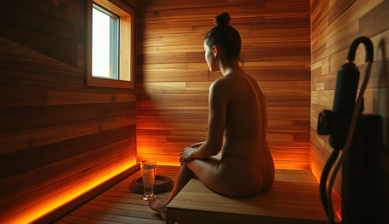Person sitting in a wooden infrared sauna with glowing panels and natural light