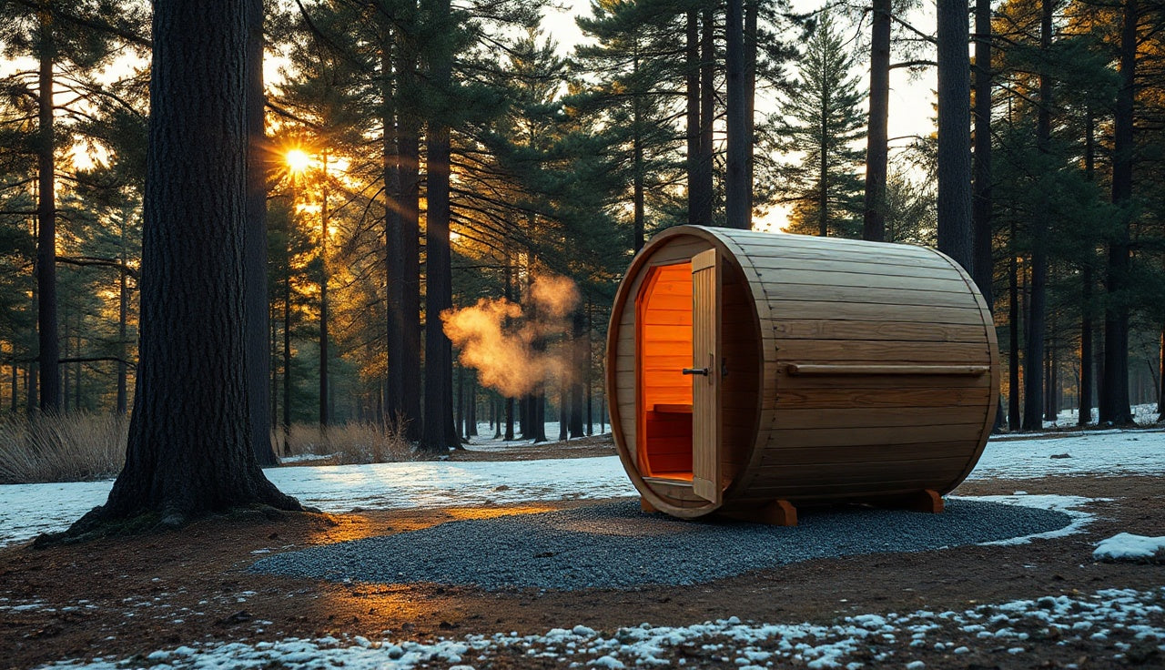 Cedar barrel sauna on gravel pad in pine forest, steam escaping open door