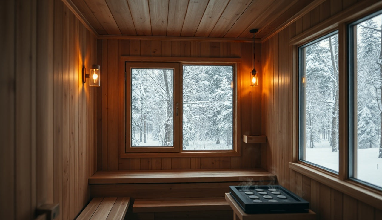 Cedar sauna interior with clear window overlooking snowy forest, no condensation on glass