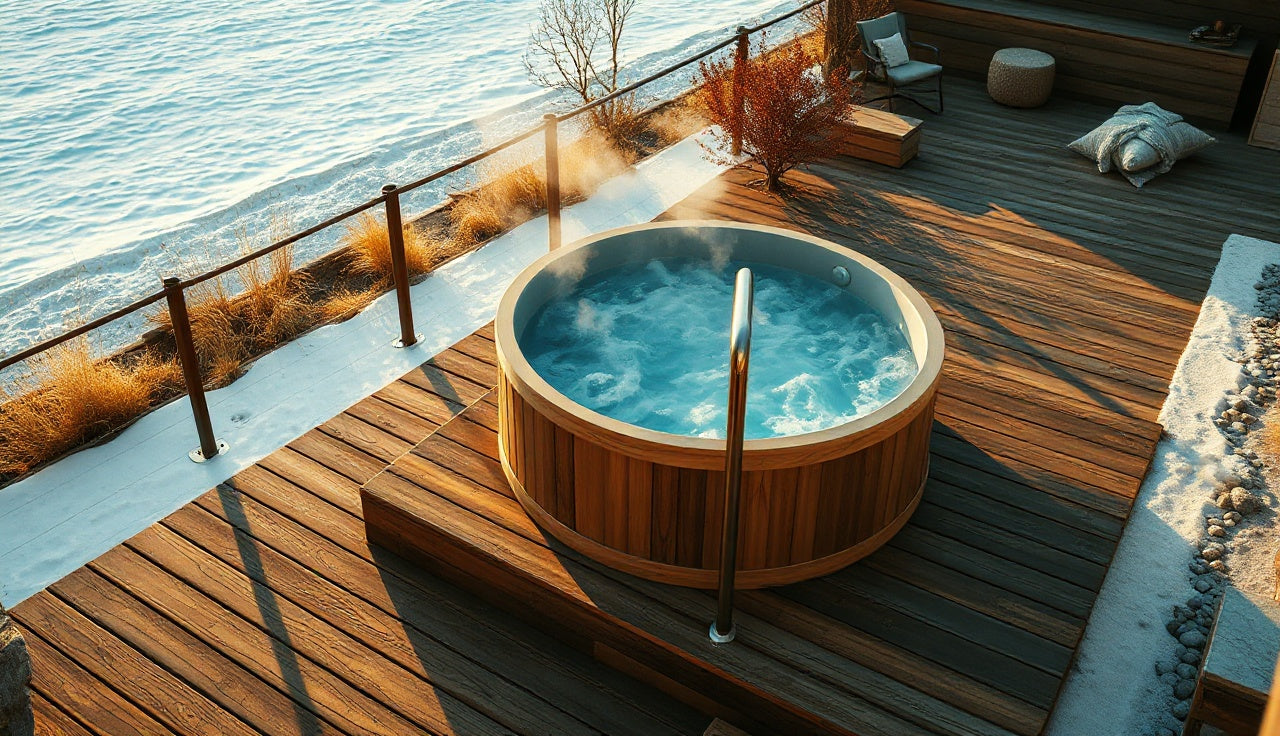 Freestanding cold plunge tub on a wood deck filled with cold water at golden hour
