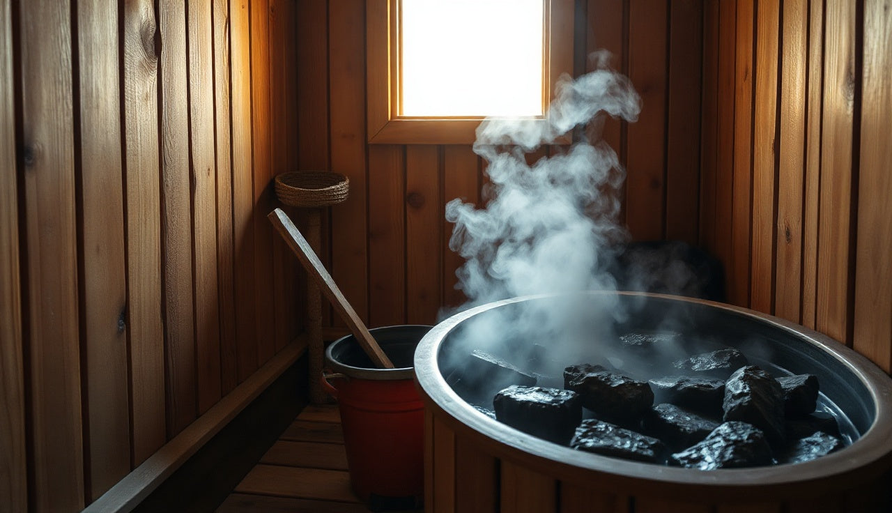 Birch ladle and bucket beside glowing sauna stones inside a wooden Finnish sauna