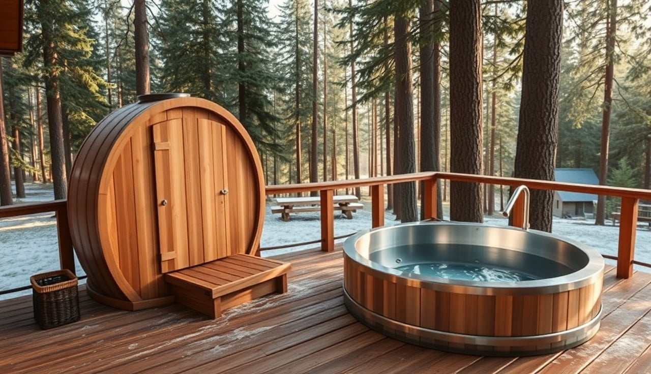 Cedar barrel sauna and cold plunge tub side by side on outdoor timber deck