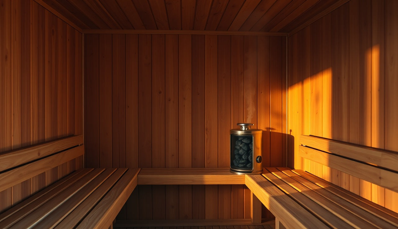 Cedar-lined built-in home sauna interior with wooden benches and glowing heater rocks