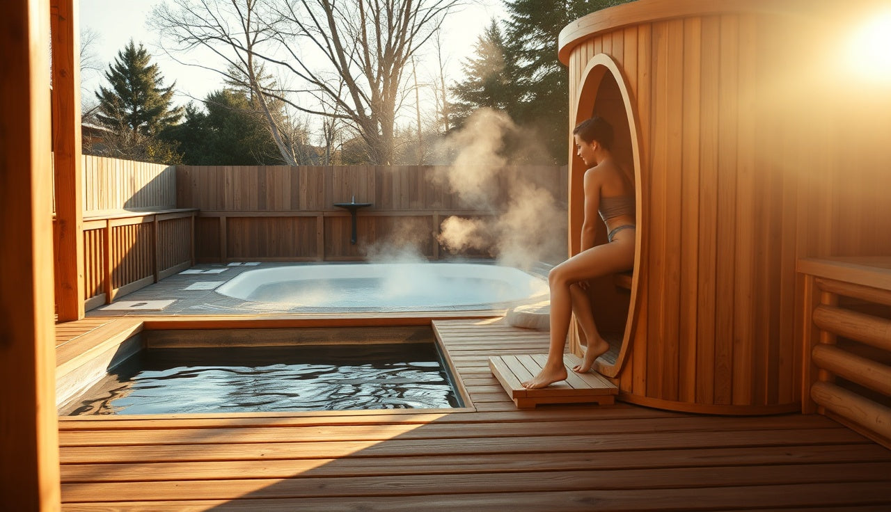 Person transitioning from a wooden barrel sauna to a cold plunge pool outdoors during contrast therapy