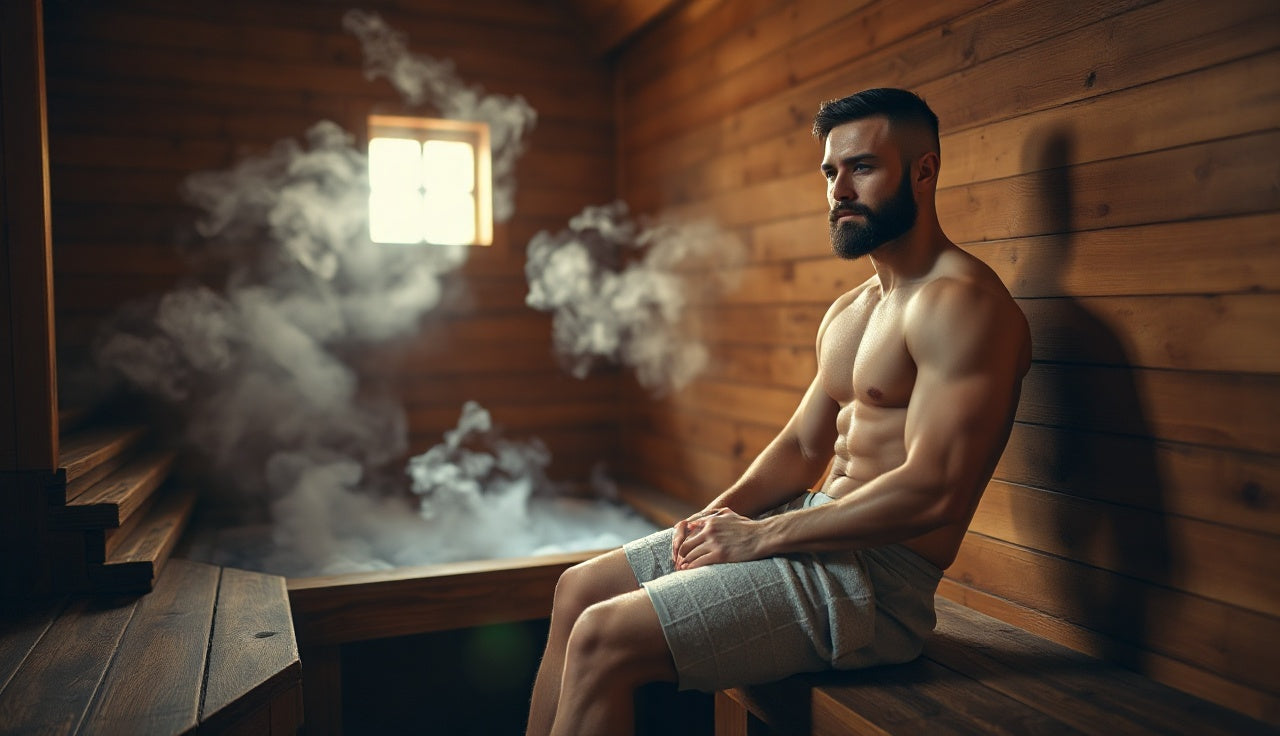 Person relaxing in a cedar sauna after a workout, steam rising from rocks