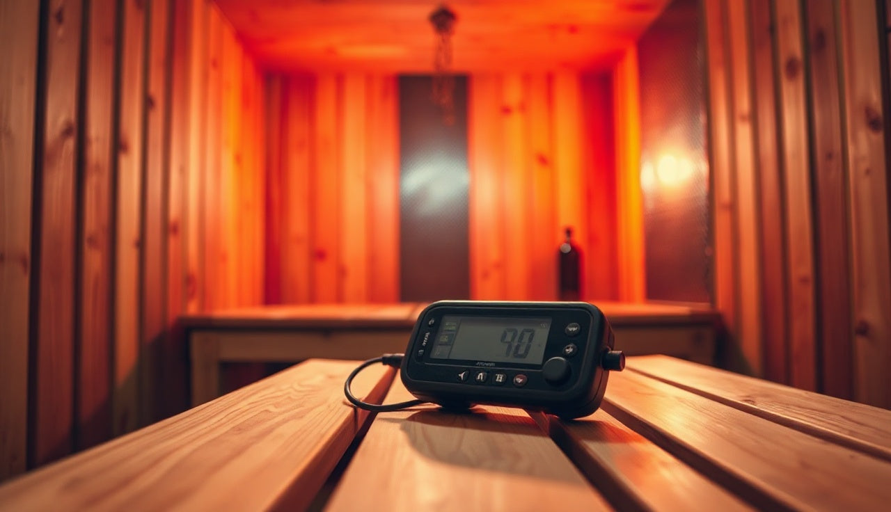 EMF meter resting on sauna bench in front of lit infrared panels