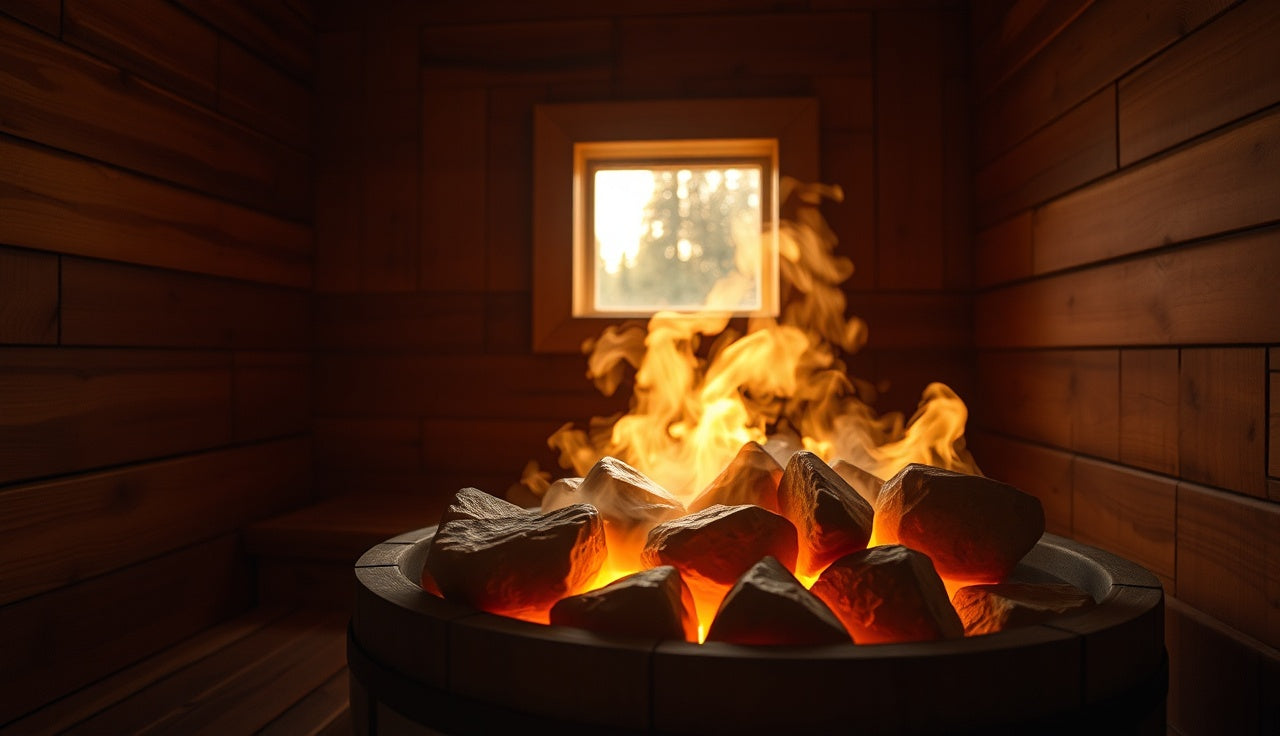 Glowing sauna heater stones with rising steam in a wooden Finnish sauna