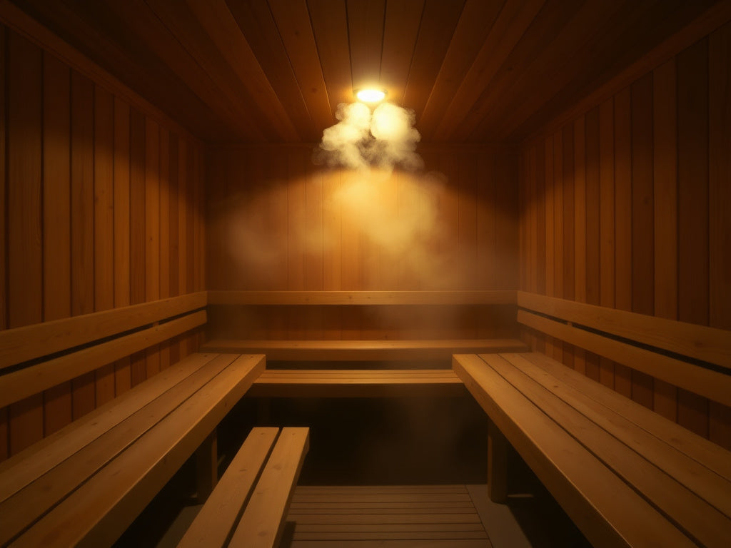 Empty wood-lined sauna interior with benches and warm ceiling light