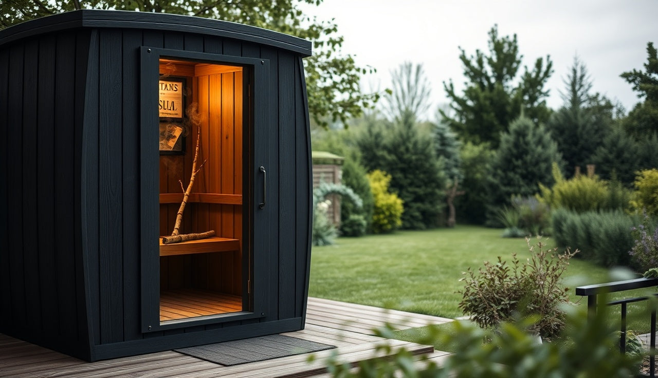 Black cube barrel sauna with steam visible on a timber deck in a garden