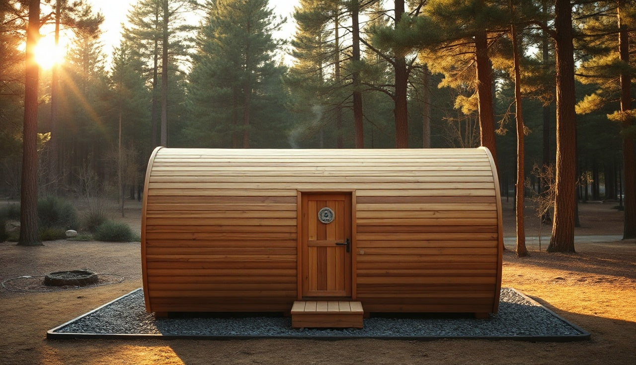Three-room barrel sauna kit on gravel foundation surrounded by pine trees at dusk