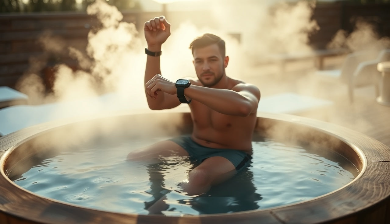 Man checking heart rate on waterproof watch while sitting in cold plunge tub
