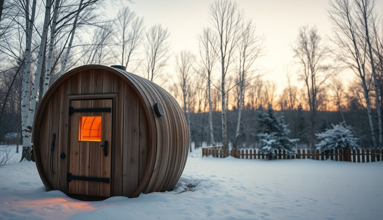 Cedar barrel sauna in a snow-covered Minnesota backyard at winter dusk