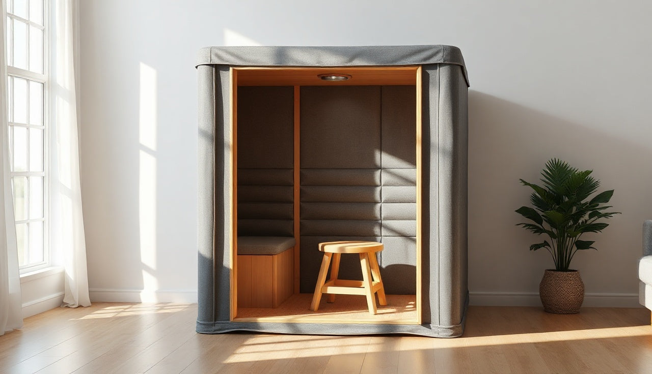 Open portable infrared sauna cabin in a sunlit living room with wooden stool inside