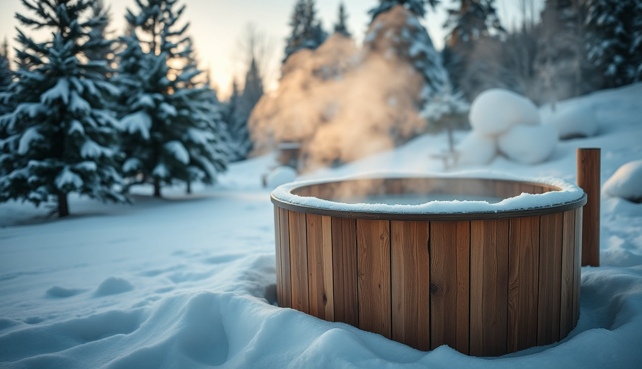 Outdoor cold plunge tub surrounded by deep snow in subzero winter morning