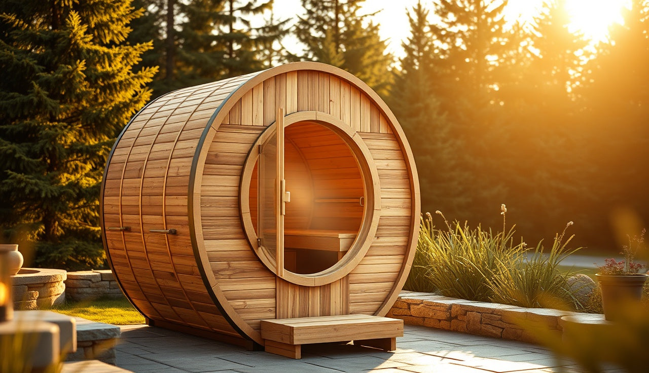 Cedar barrel outdoor infrared sauna on stone patio surrounded by forest at golden hour