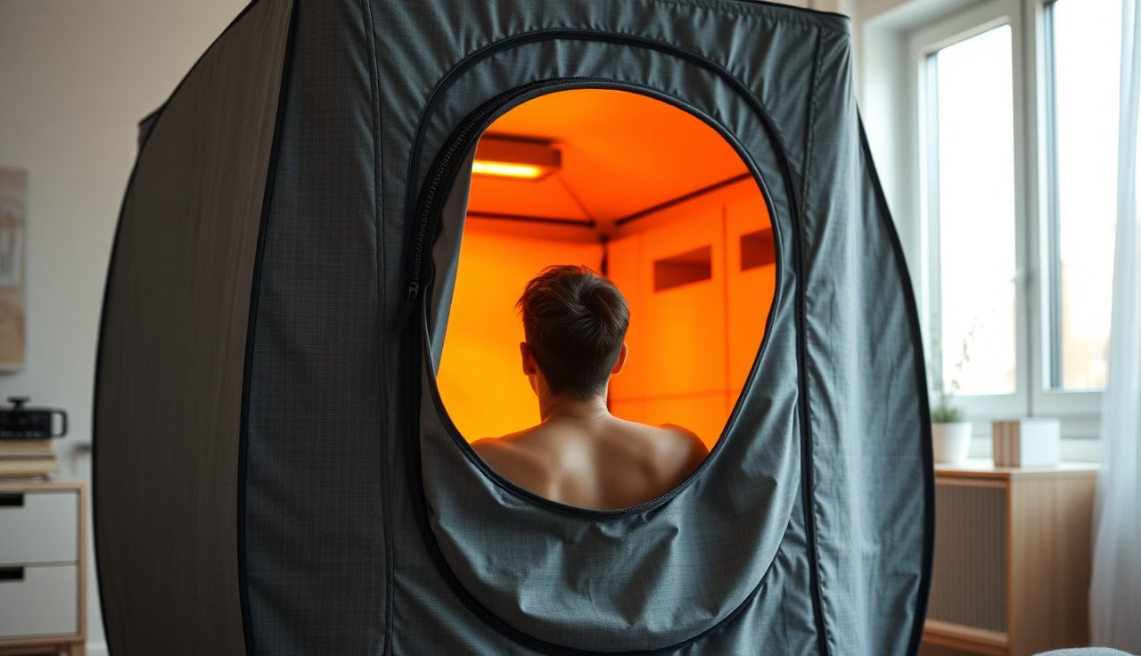 Person seated inside a portable infrared sauna tent in a modern bedroom