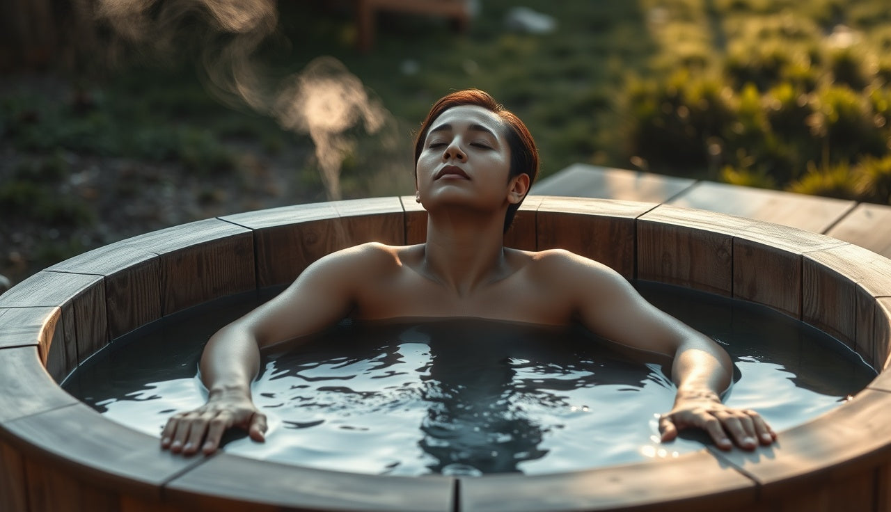 Person sitting calmly in an outdoor cold plunge tub on a cool morning