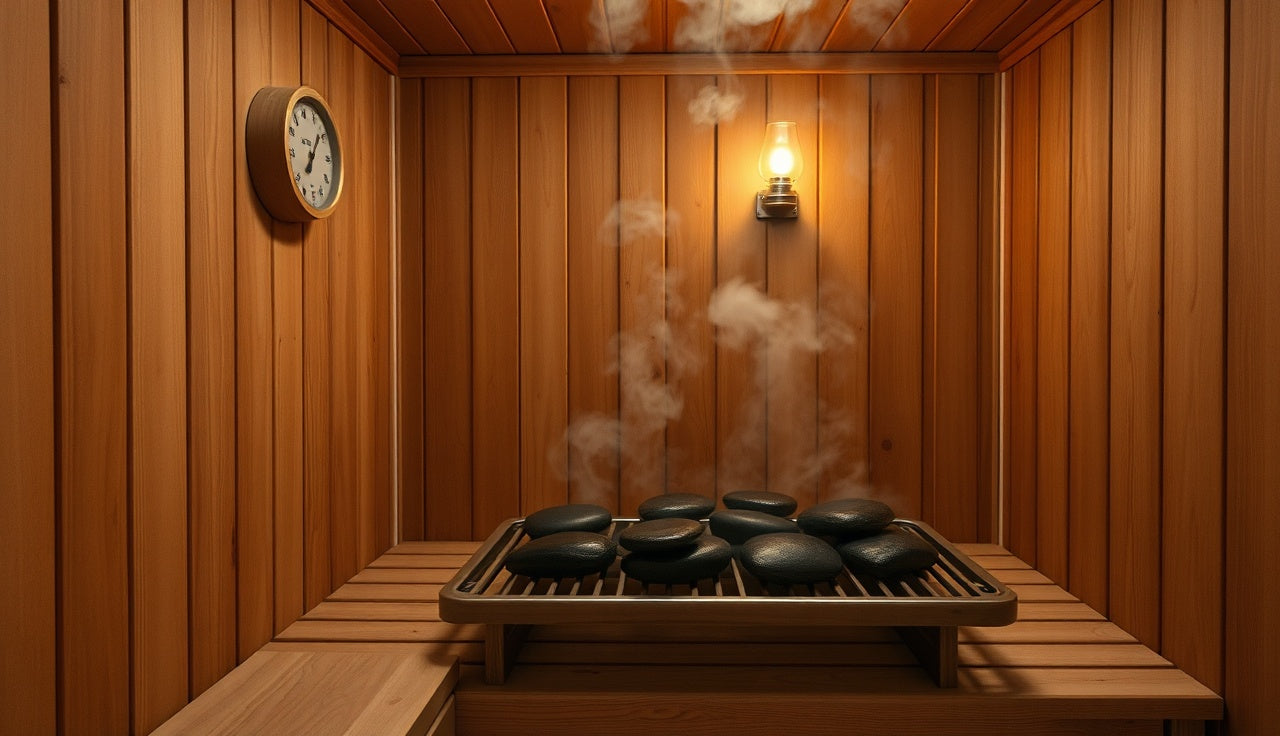 Interior of a wood-paneled Finnish sauna with a thermometer and steam rising from hot rocks