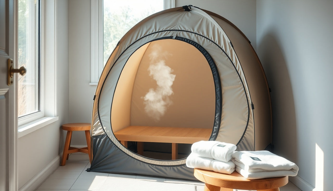 Portable steam sauna tent set up in a sunlit home bathroom with rising steam