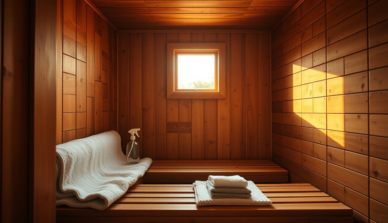 Clean cedar sauna bench with white towel and sanitizing supplies ready for post-session cleaning