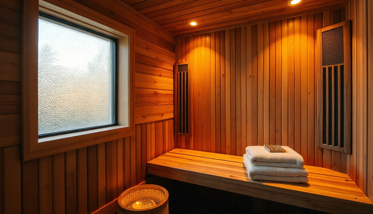 Wooden infrared sauna interior with glowing far infrared carbon panels on cedar walls