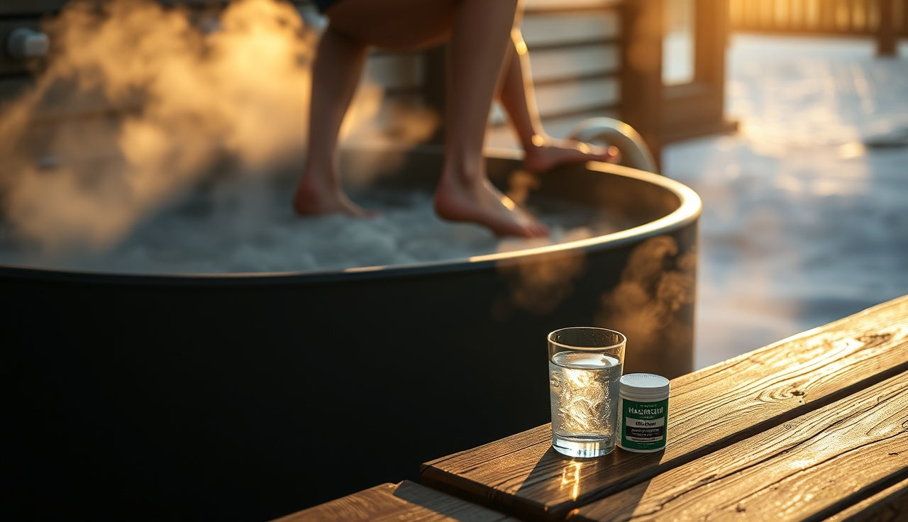 Person emerging from cold plunge tub at dawn with magnesium supplements on bench