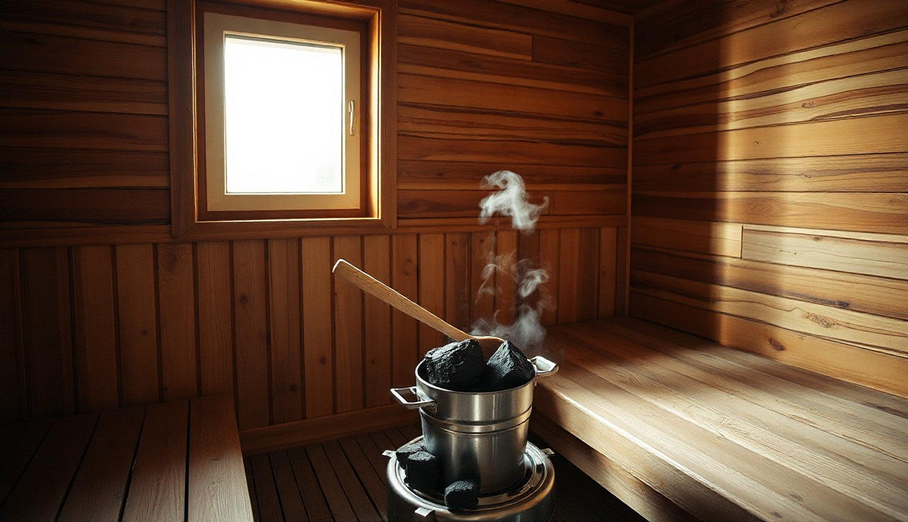 Cedar-paneled Finnish sauna interior with heated rocks and steam rising